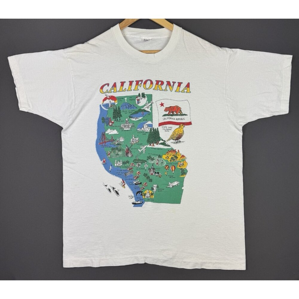 Vintage 90's California Republic USA Map Art Logo Nature Drawing Color XL White